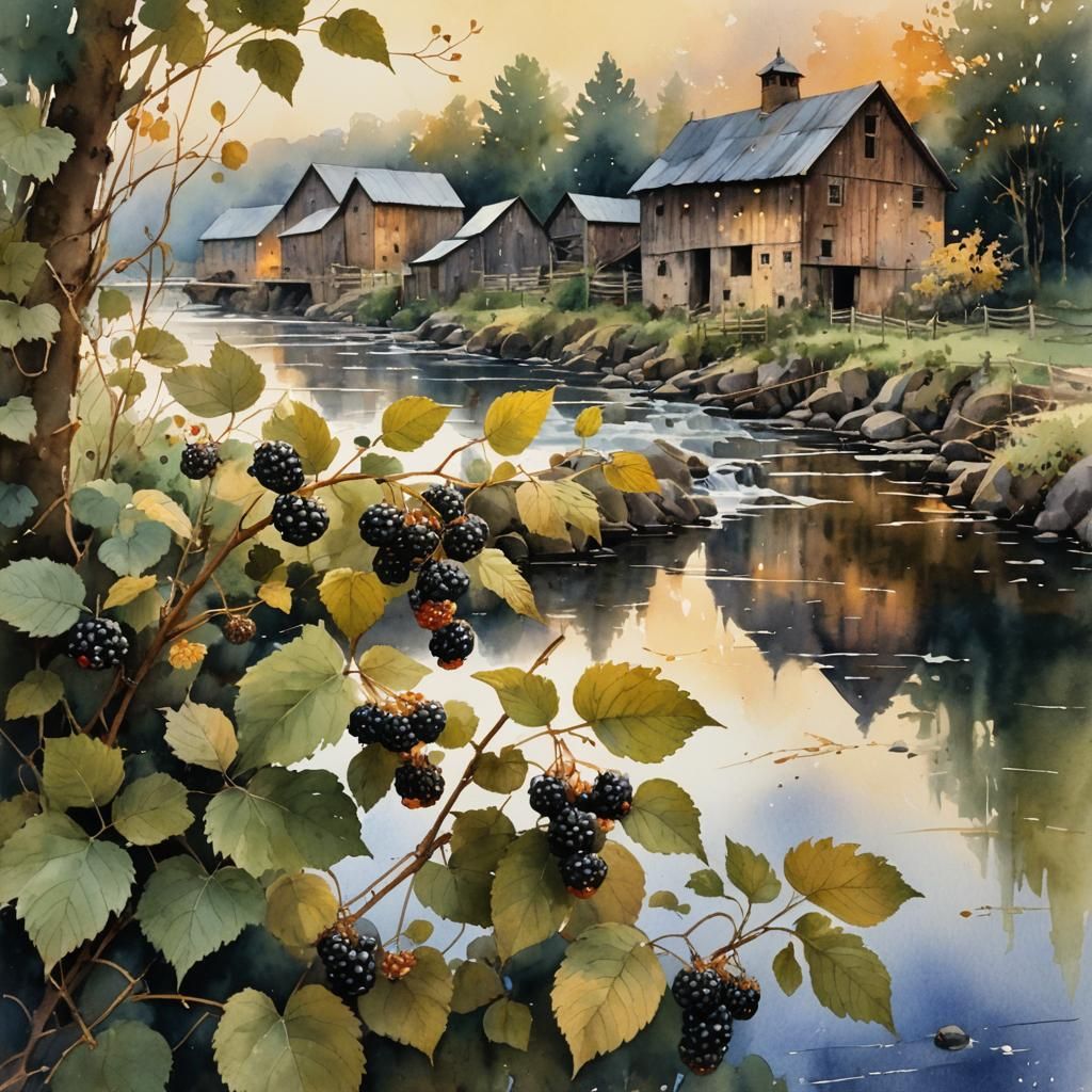 Blackberries on Vine Watercolor Landscape Painting