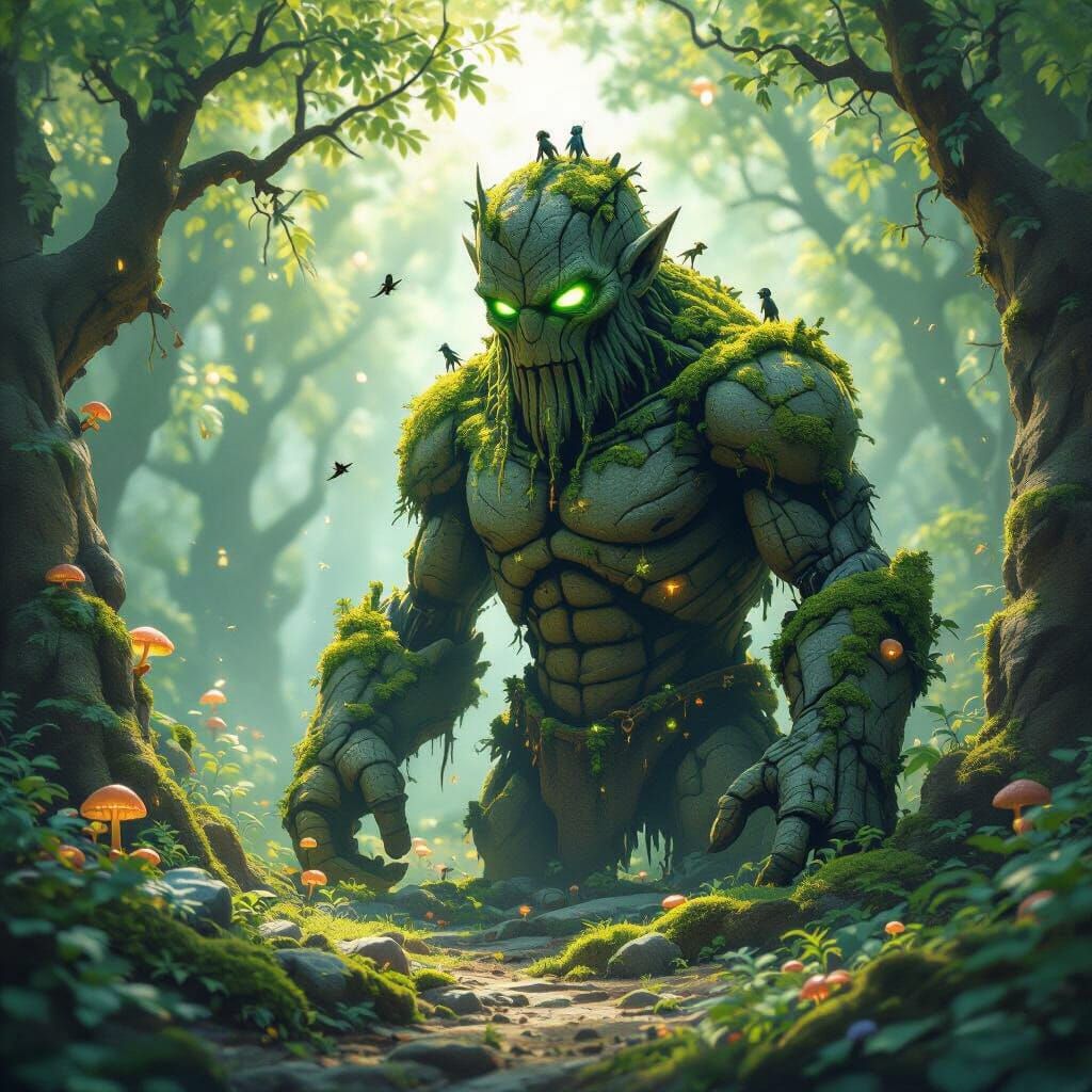 Mossy Stone Golem Awakens in Enchanted Forest