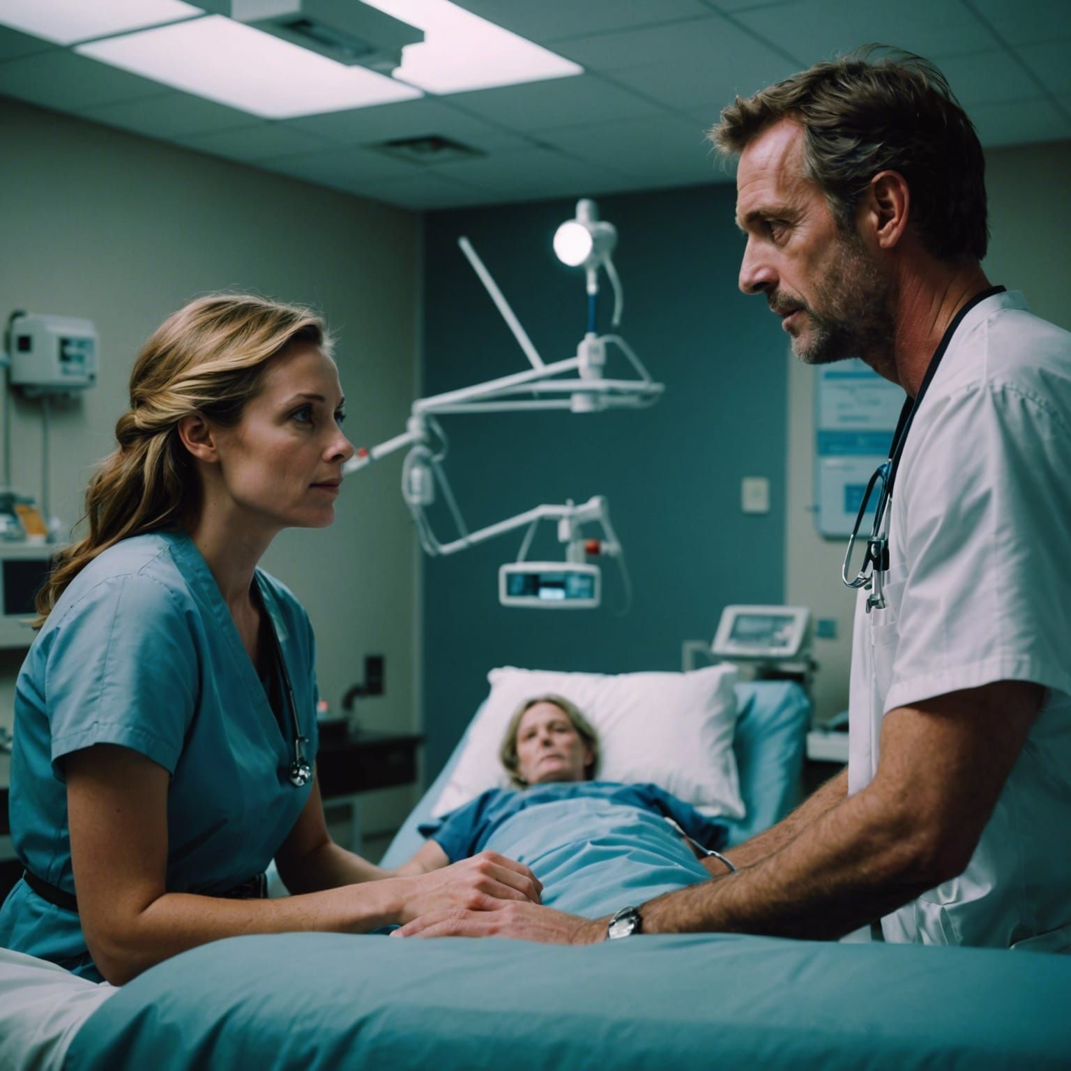 House MD flirting with a doctor as his patient looks on