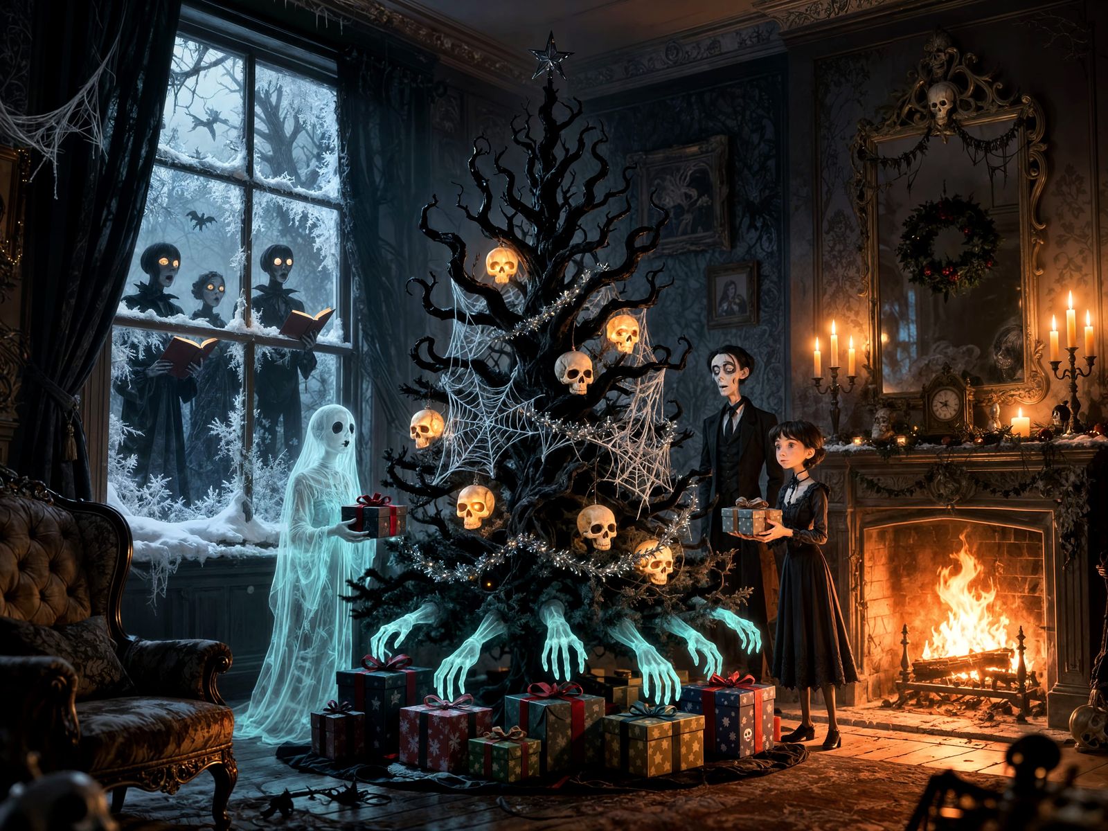 Gothic Victorian Christmas Parlor with Ghostly Family