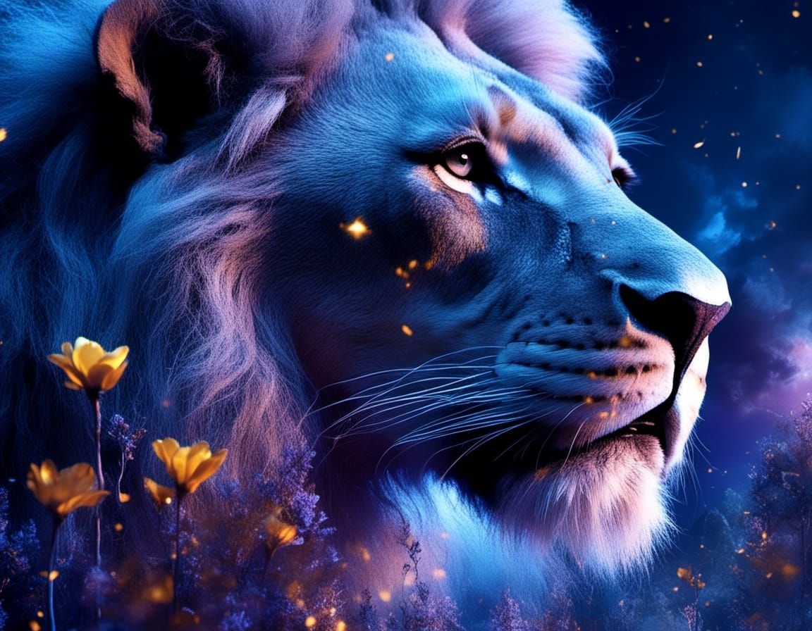 Mystical Lion Double Exposure in Surrealist Style