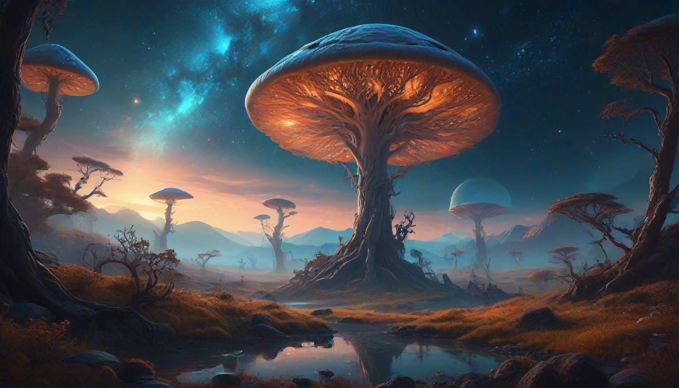 Surreal Cosmic Landscape in Vibrant Oil Painting Style