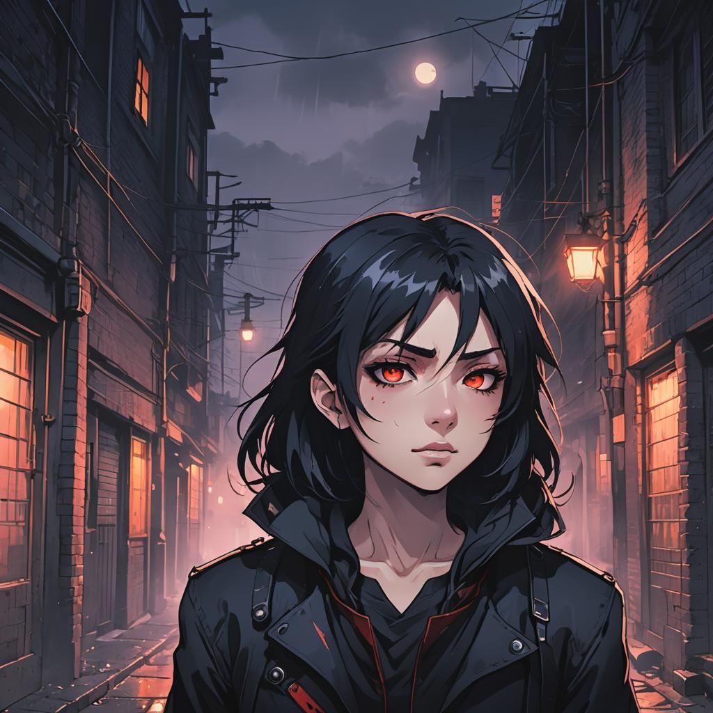 Vampire Teen in Misty Alleyway: Anime Portrait