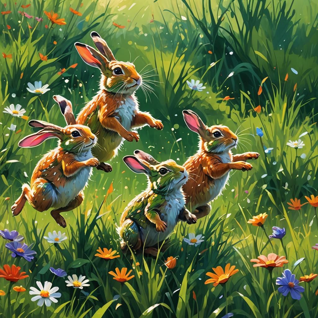 Rabbits and Frogs Jumping in a Vibrant Meadow