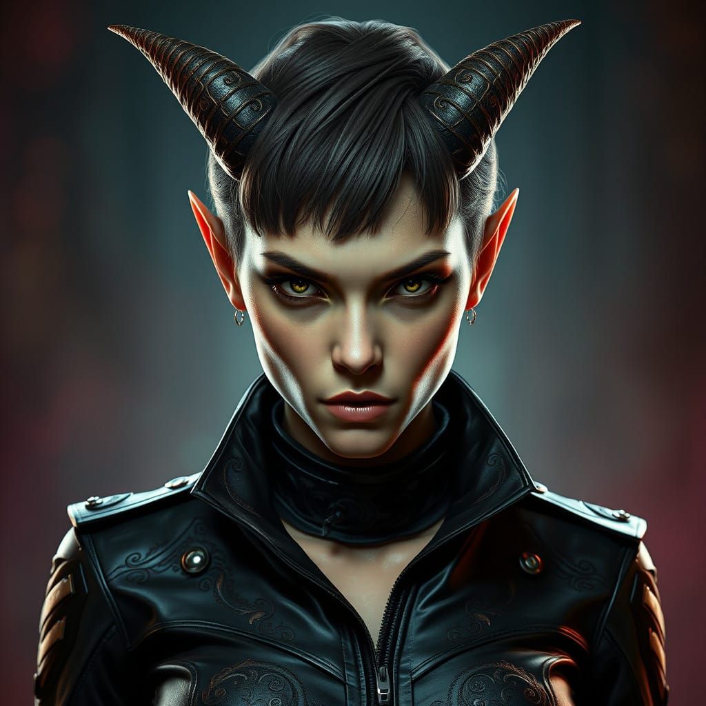 Hyperrealistic Demon Woman with Horns and Leather Jacket