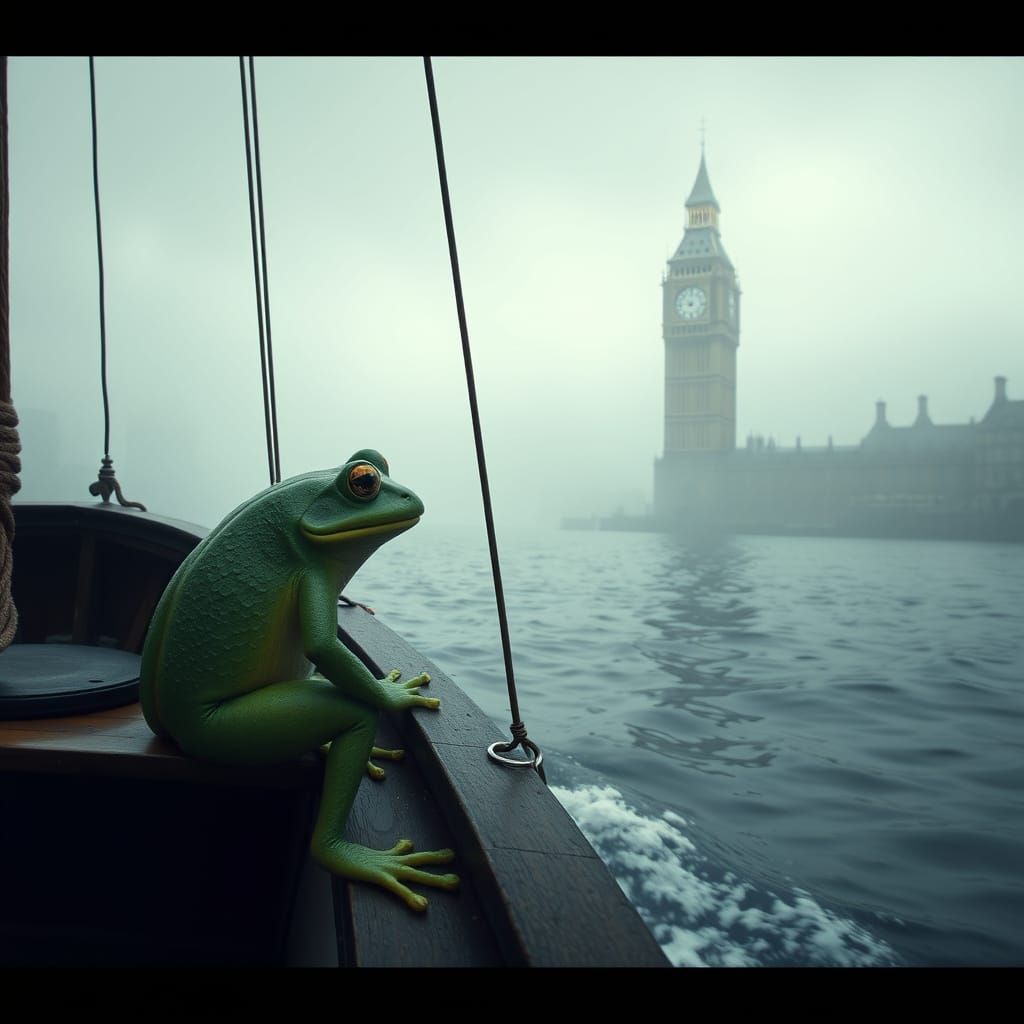 Frog Explorer Approaches Foggy London Port