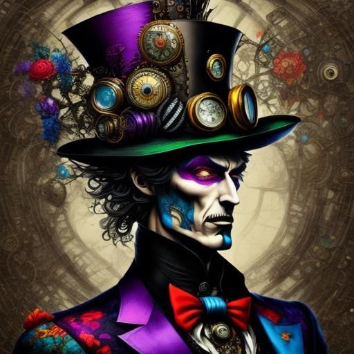 Steampunk Mad Hatter in Comic Style, Vivid Colors