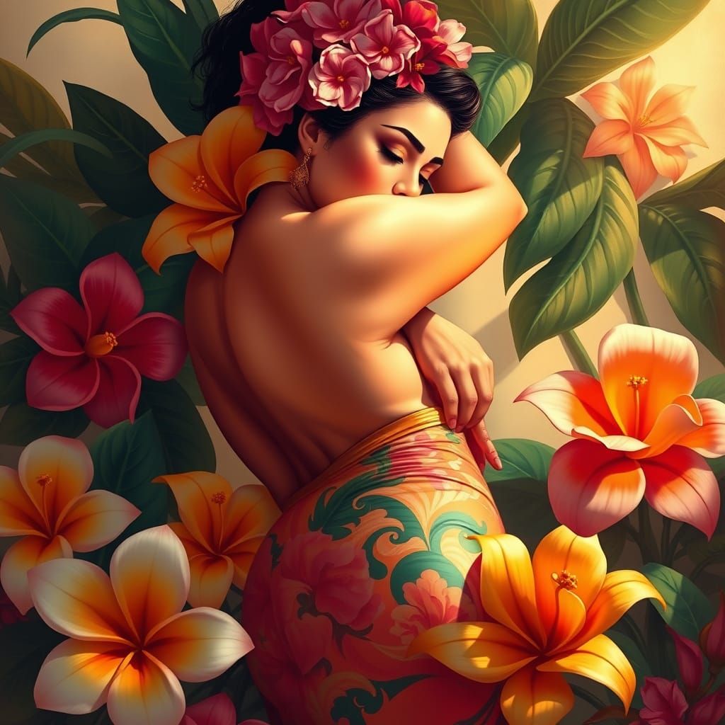 Sensual Woman with Flowers in Botero Style