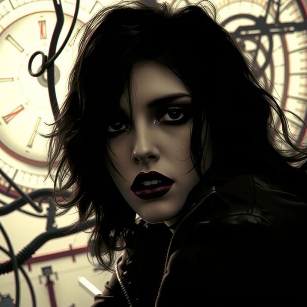 Cyberpunk Goth Model in Neon Cityscape