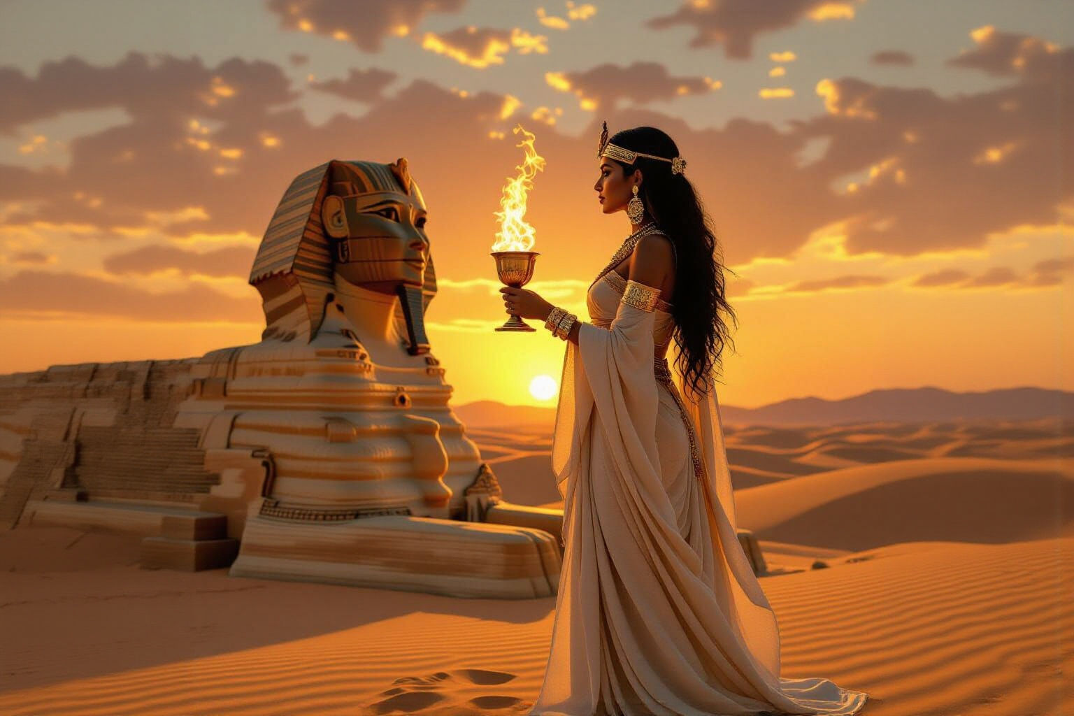 Egyptian Woman and Sphinx at Sunrise