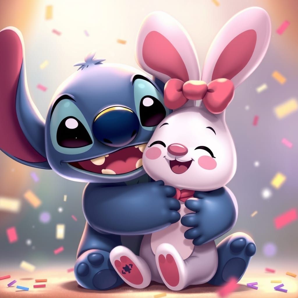 Stitch and My Melody Share a Joyful Hug