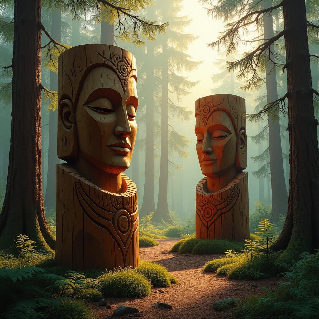 Mystical Wooden Sculptures in Sunlit Forest