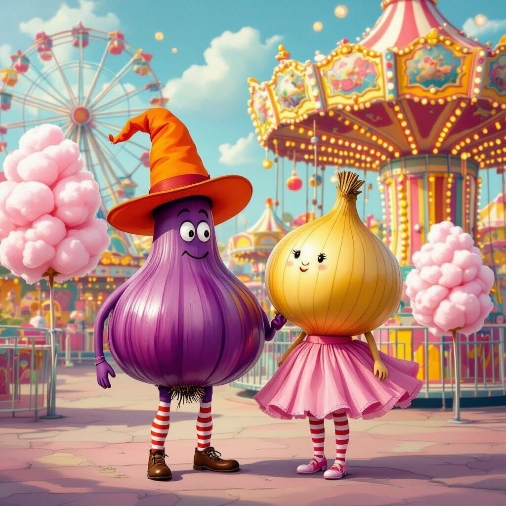 Whimsical Amusement Park Scene with Garlic and Onion Charact...