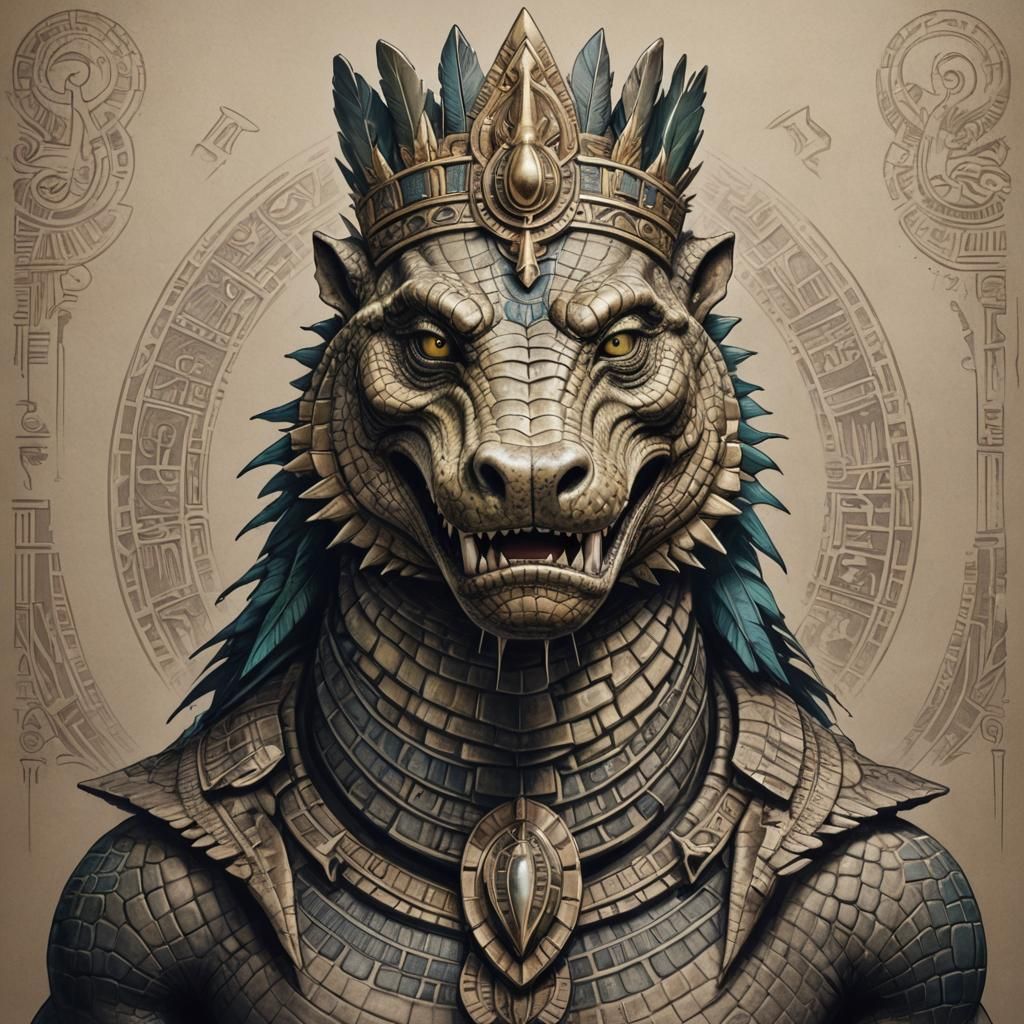 Striking conceptual tattoo design featuring Sobek, the ancient Egyptian crocodile goddess. The tattoo is intricately det...