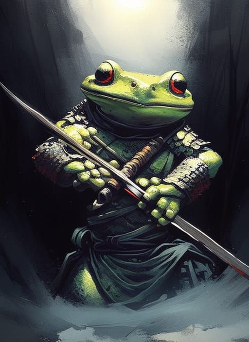 Samurai Ronin Frog in Detailed Oil Painting