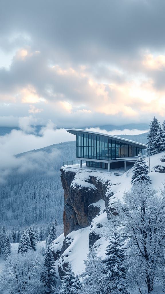 Modern Glass House on Snowy Mountain in Ultra Realistic Styl...