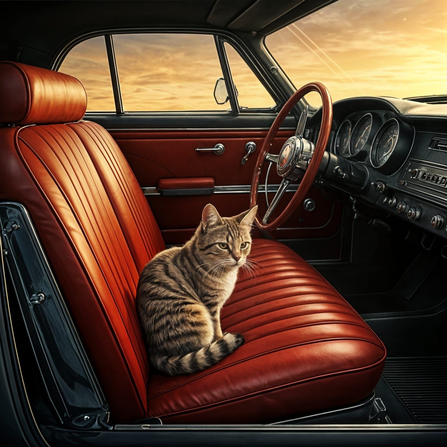 Stray Cat Drives Vintage Car in Sunlight