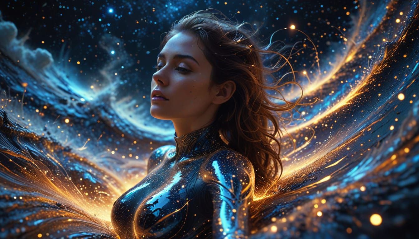 Woman with Pulsing Neural Networks in Cosmic Display