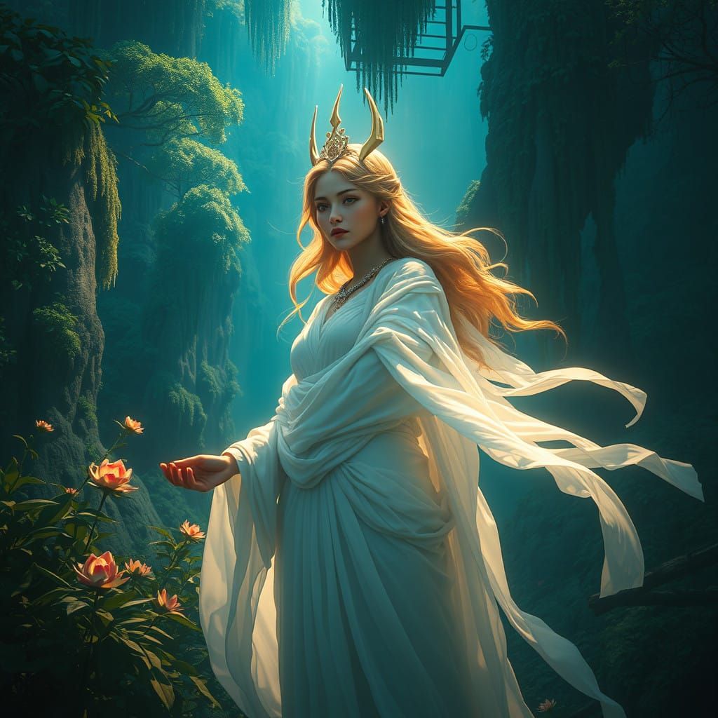 Mystical Goddess Amidst Lush Greek Realms