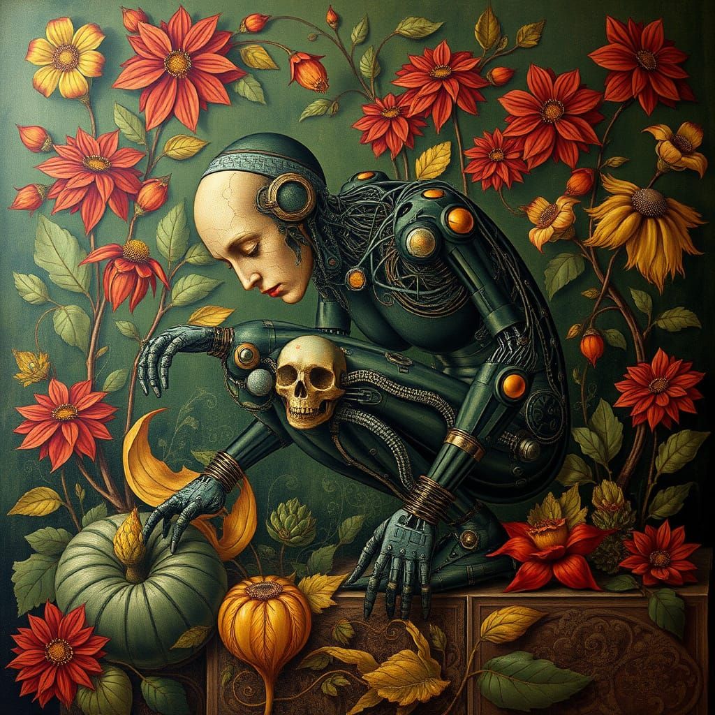 Ethereal Android Emerges from Verdant Garden in Pre-Raphaeli...