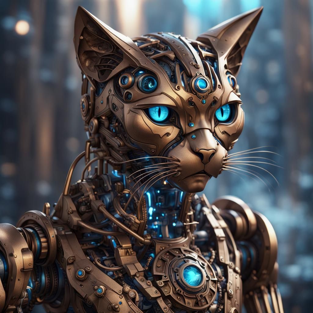 Bronze Robotic Cat: Detailed Matte Painting