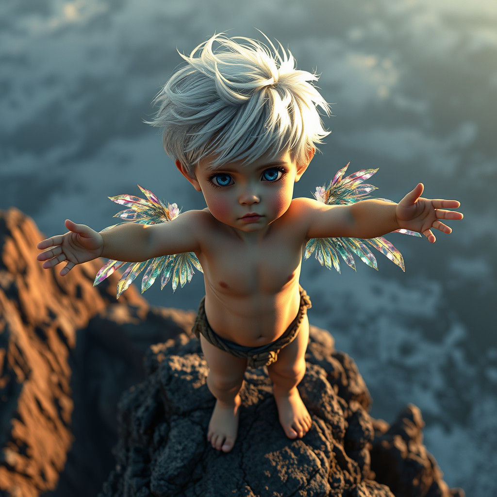 Boy with Crystal Wings on Windswept Cliff