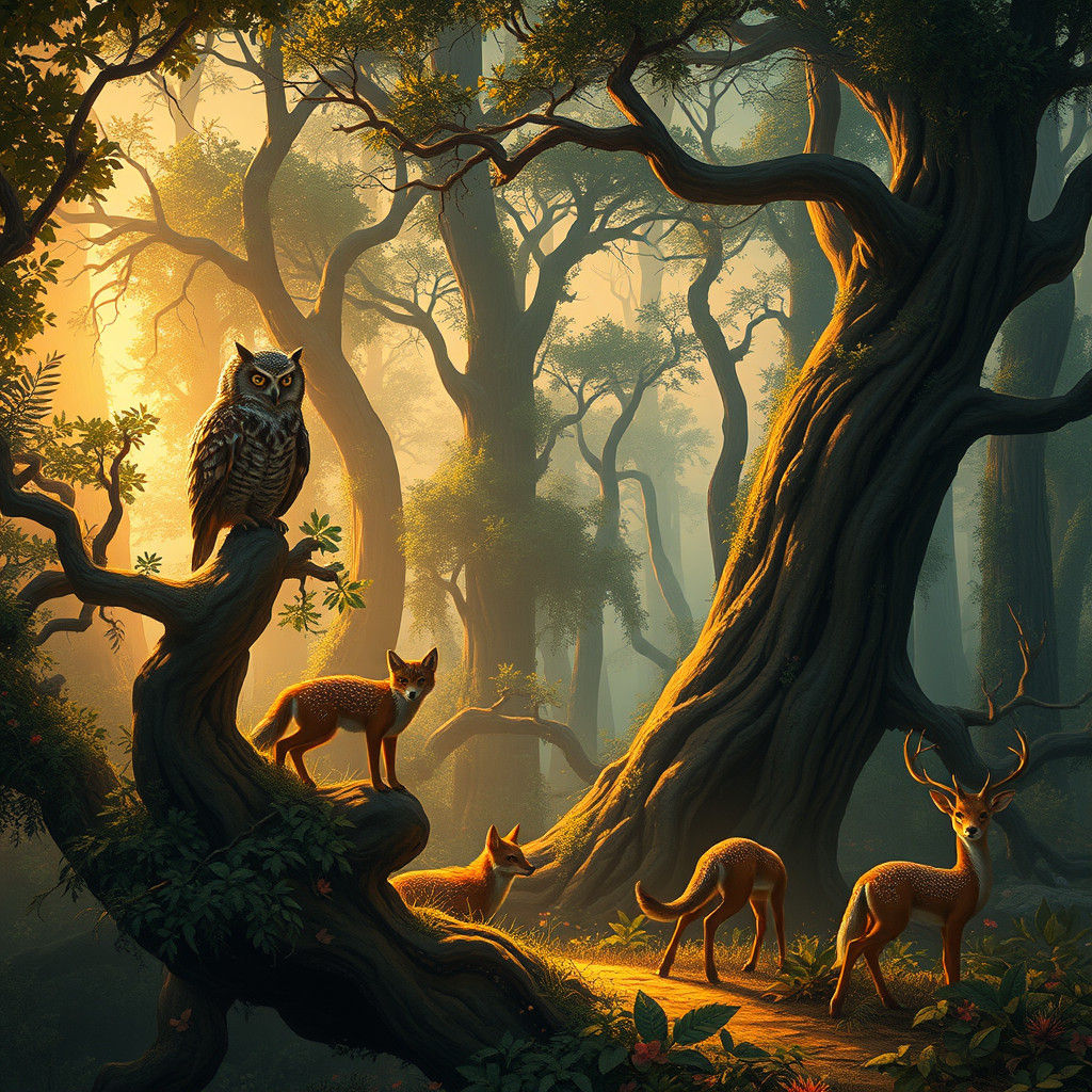 Mystical Forest at Dusk: Enchanted Wildlife