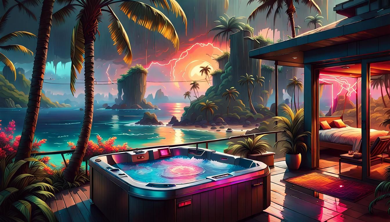 Tropical Island Beachside Hot Tub in Cyberpunk Style