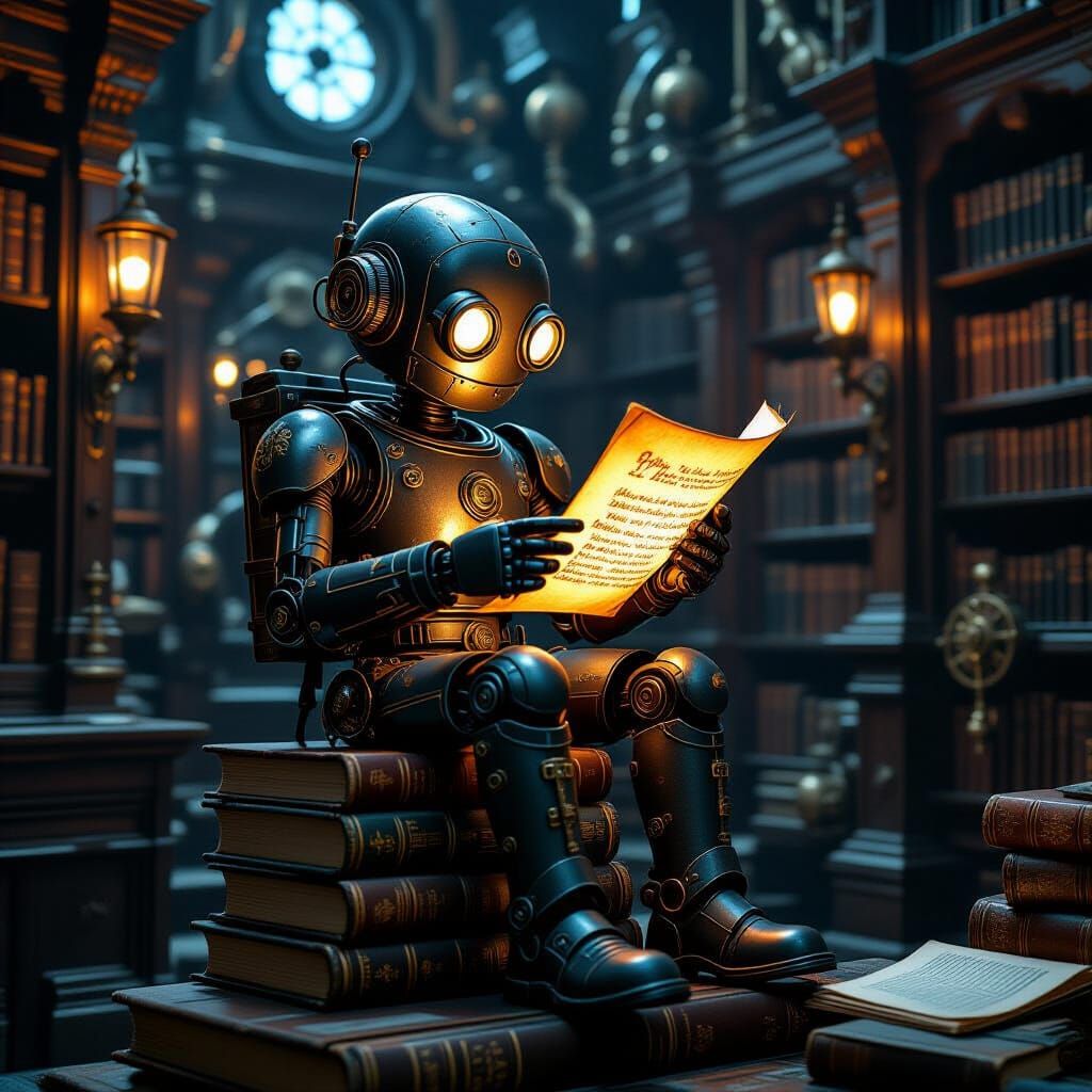 Steampunk Robot Reads Scroll in Library