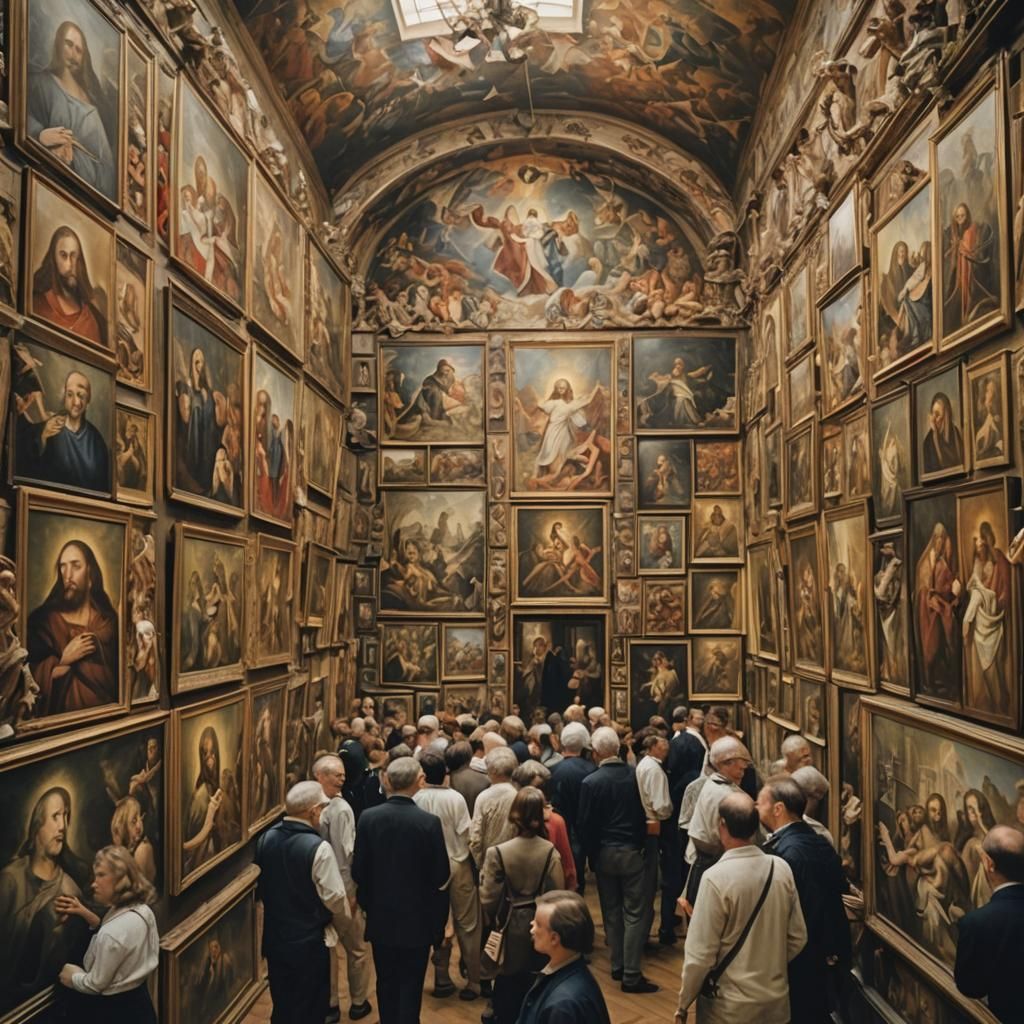 Gallery Visitors Admire Grotesque Religious Art