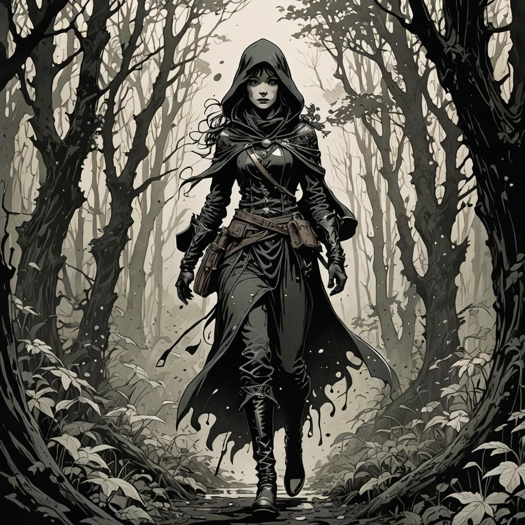 Hooded Princess Emerges from Enchanted Forest