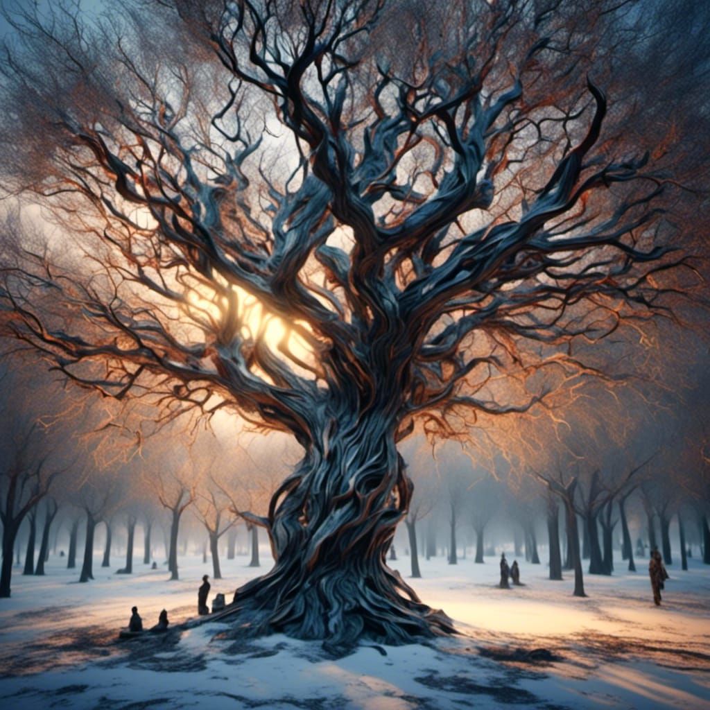 Stained Glass Tree in Winter Park at Night