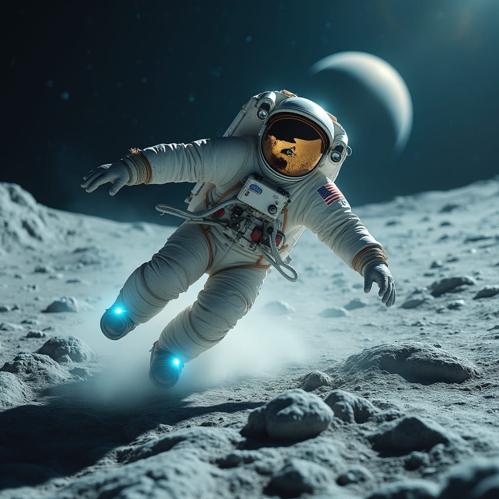 Hyper-Realistic Lunar Astronaut in Zero-G Soars through Crat...
