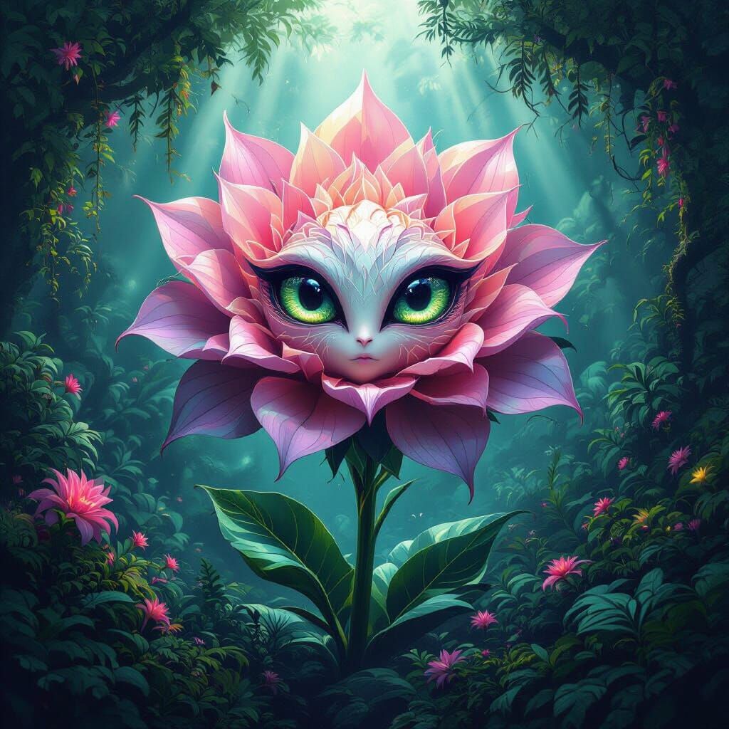Alien Flower with Geometric Petals in Bioluminescent Jungle