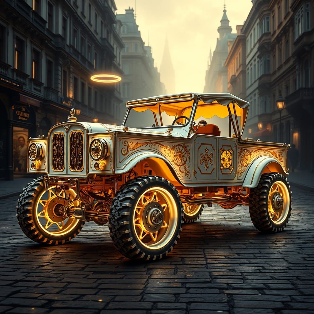 Ethereal Steampunk Truck Rides into Golden Dawn