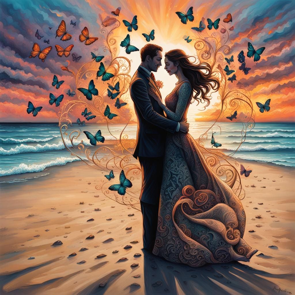 Romantic Beach Scene in Stained Glass Style