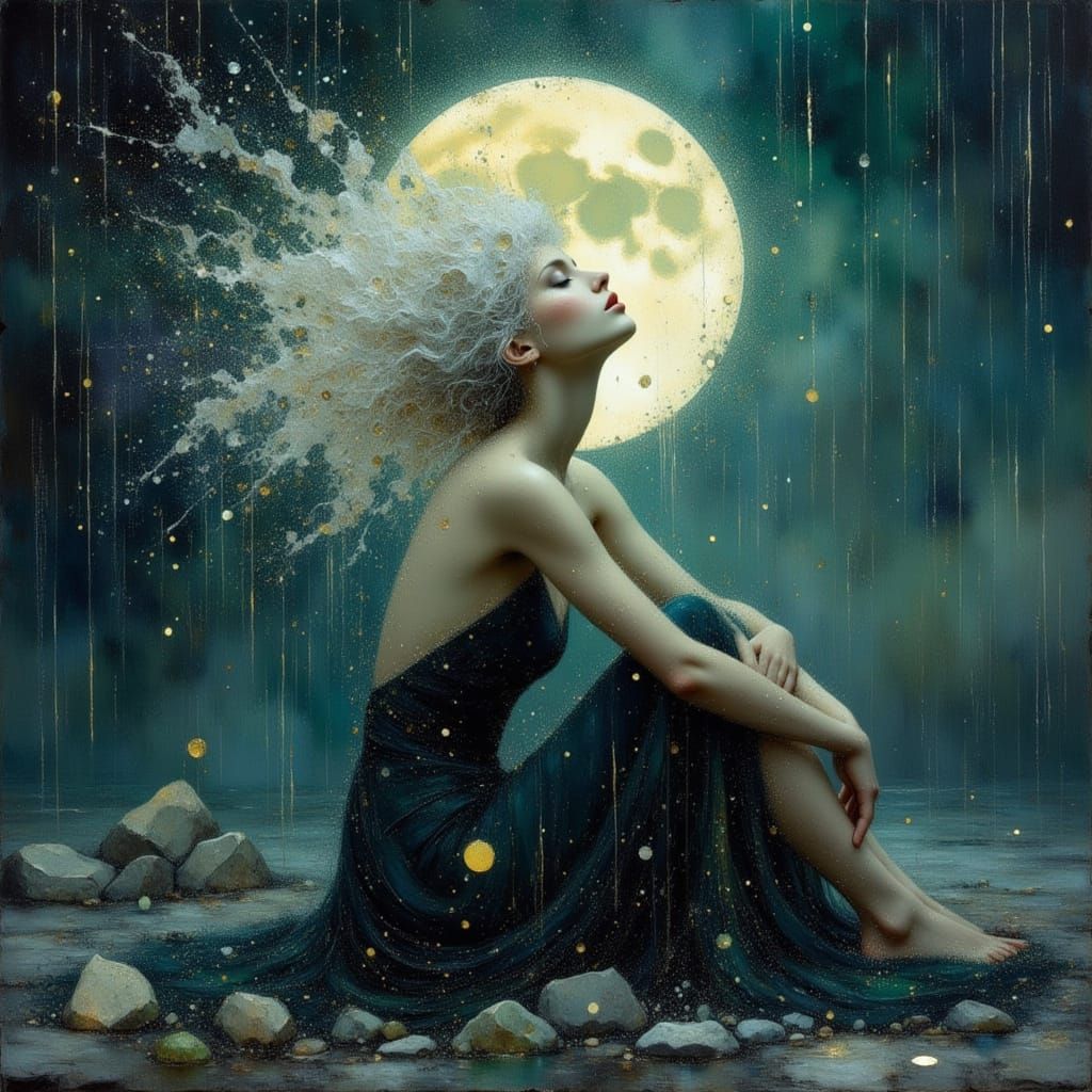 Woman Gazing at Moon in Ash Thorp Style