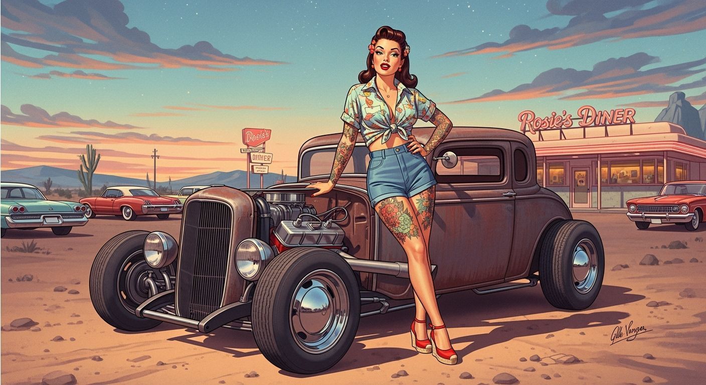 Retro Pin-Up Girl with Rat Rod, Americana Illustration