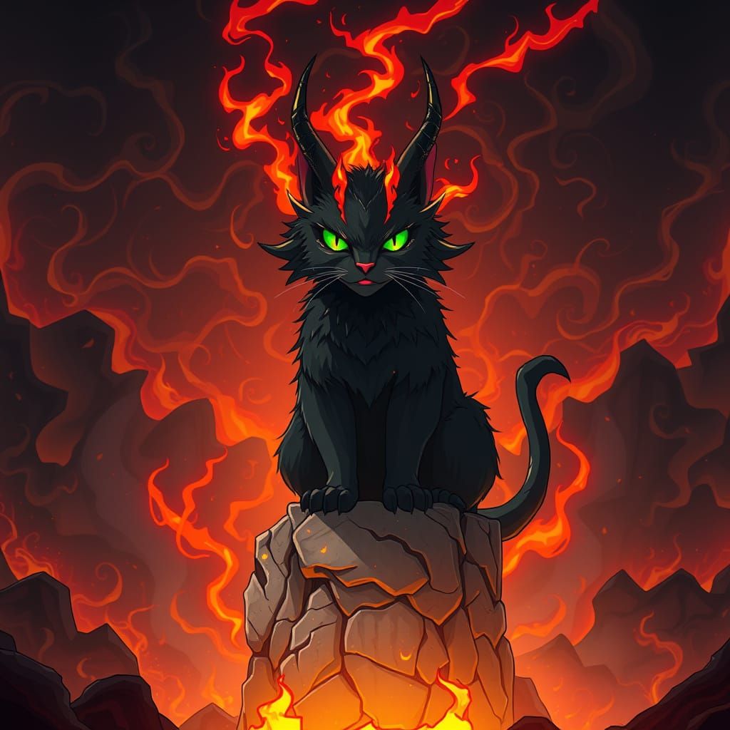 Majestic Demon Cat Reigns Supreme in Hellish Landscape