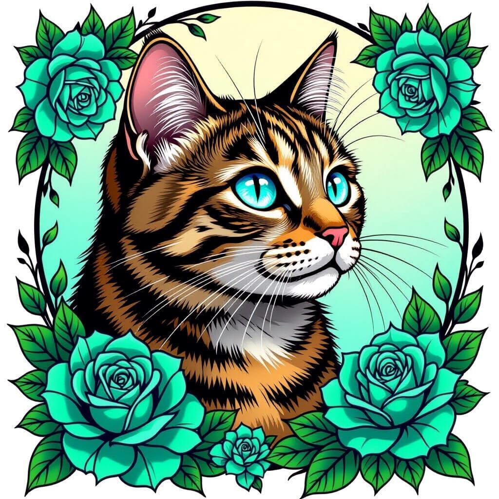 Tabby Cat Portrait with Roses in Neo Traditional Tattoo Art