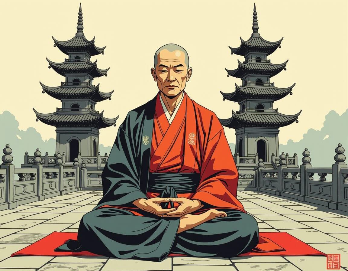 Zen Monk in Lotus Position with Stone Pagodas
