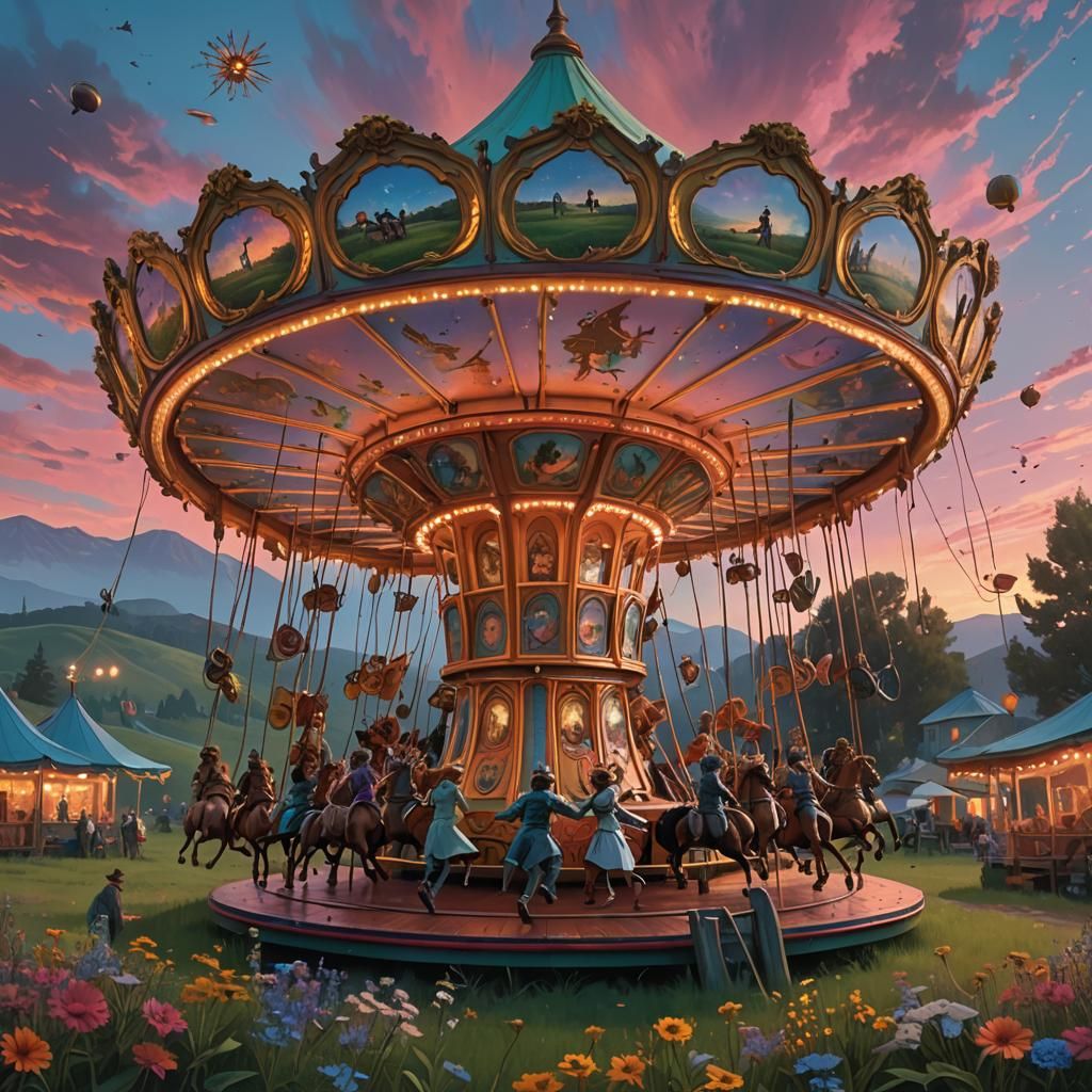 Vibrant Carousel with Youths in a Dreamlike Landscape