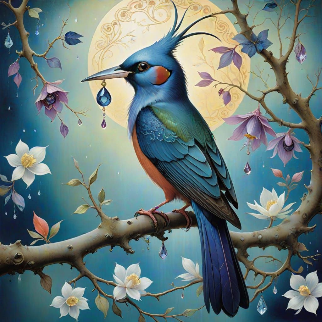 Surreal Bird Perched on Filigree Branch, Sipping Crystal Tea...