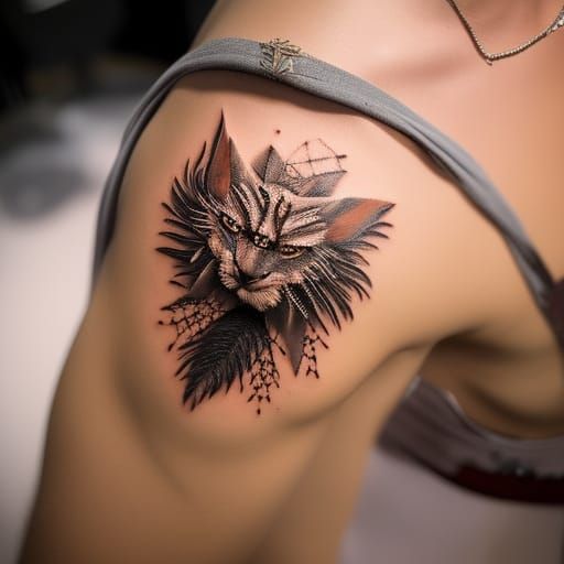 Trash Polka Tattoo: Roaring Lion Head in Flames