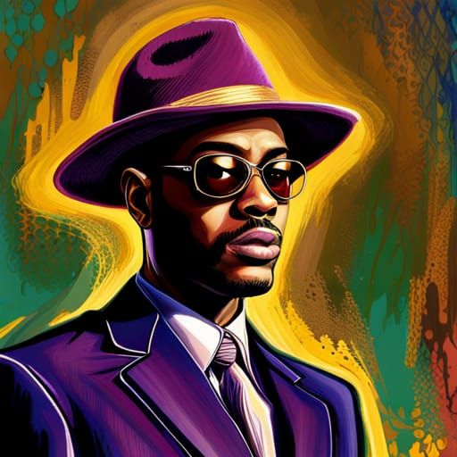 1970s Pimp in Purple Suit: Hyperrealistic Splash Art