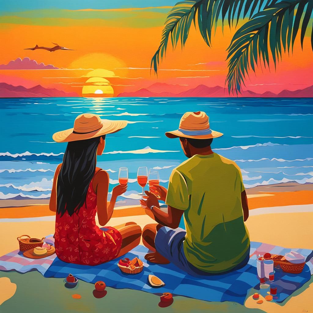 Tropical Beach Picnic at Sunset in Abstract Art