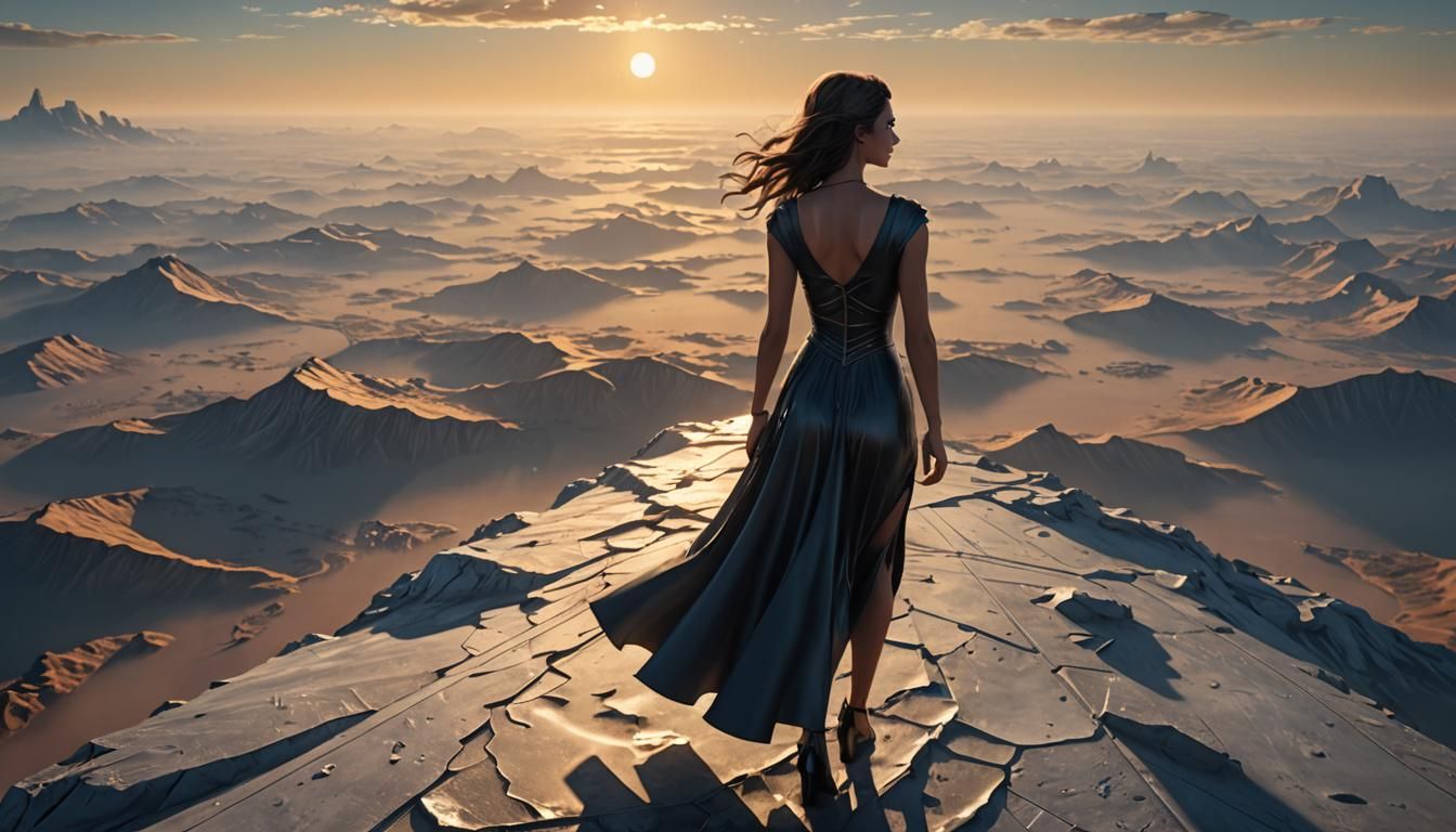 Beautiful Girl on Vast Plane in Detailed Matte Painting