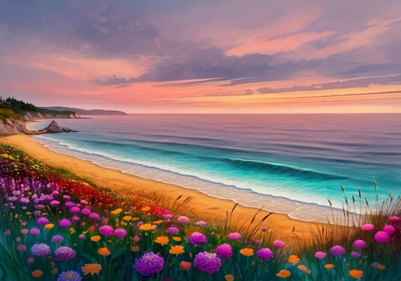 Impressionist Beachscape at Sunset, Monet-Style Watercolors