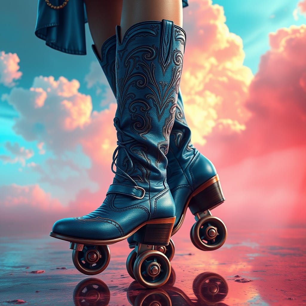 A Woman's Feet in Ornate Blue Cowboy Boots and Roller Skates