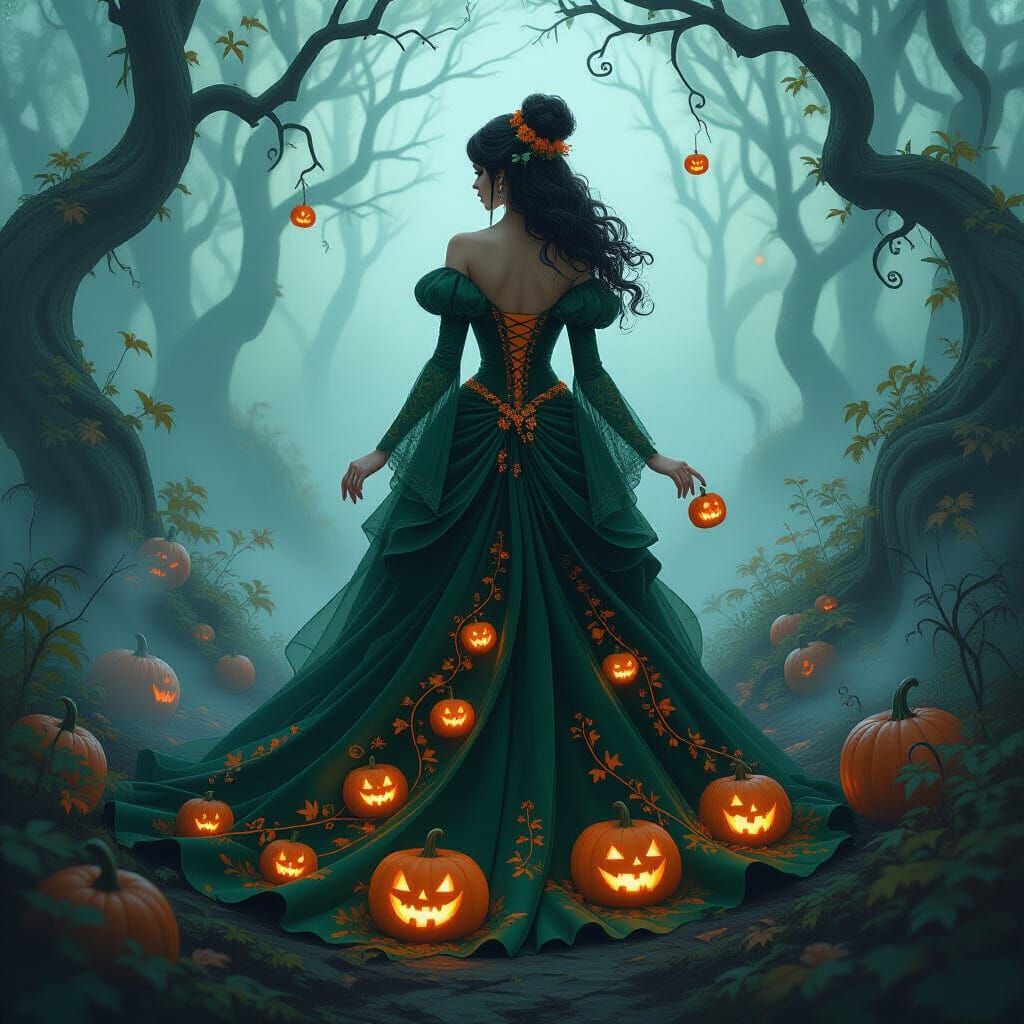 Mystical Woman in Pumpkin Gown, Eerie Whimsical Art
